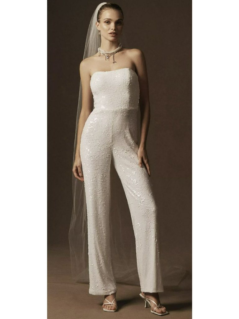 Dress The Population White Sequin Strapless Jumpsuit Medium New